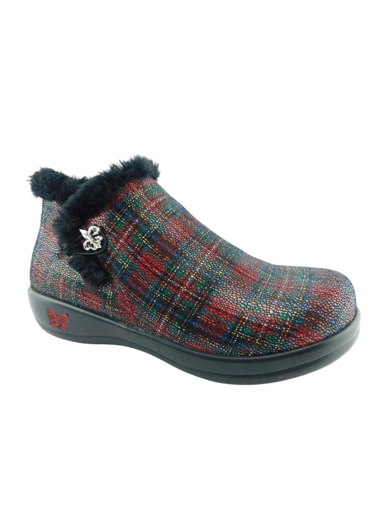 Alegria Shimmer Red & Green Plaid Leather Faux Fur Lined Clog Booties 41